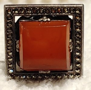 6 ctw STERLING Carnelian Marcasite SZ 5 Ring Orangish Red 1900's Antique